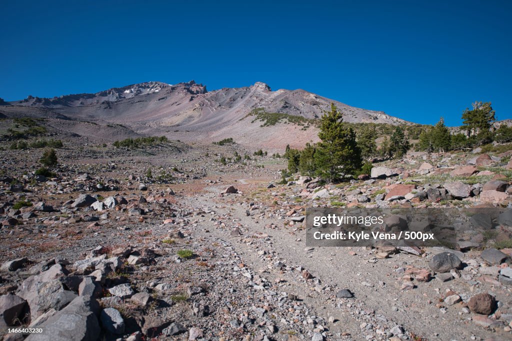 Scenic view of rocky mountains against clear blue sky,Mt Shasta,California,United States,USA