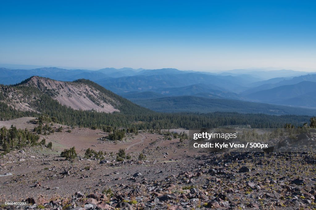 Scenic view of mountains against clear blue sky,Mt Shasta,California,United States,USA