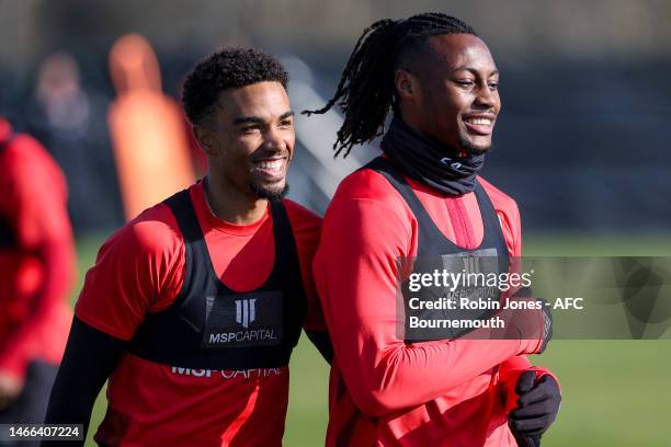 Junior Stanislas and Antoine Semenyo of Bournemouth during a training session at Vitality Stadium on February 15, 2023 in Bournemouth, England.