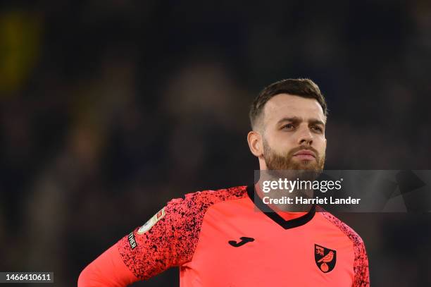 Angus Gunn of Norwich City looks on prior to the Sky Bet Championship between Norwich City and Hull City at Carrow Road on February 14, 2023 in...