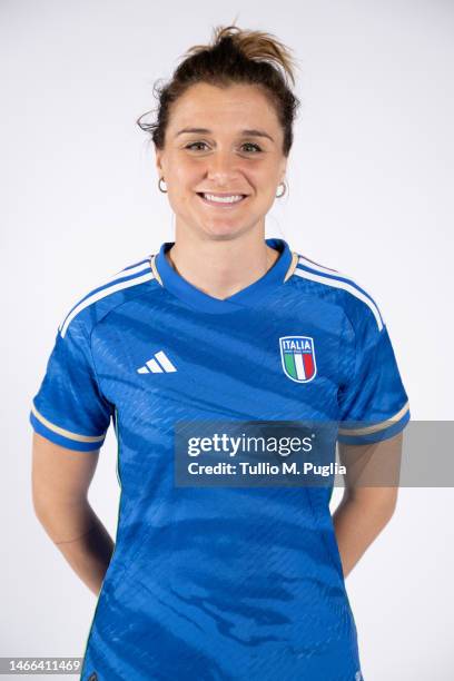 Cristiana Girelli poses during a Italy women portrait session at Centro Tecnico Federale di Coverciano on February 13, 2023 in Florence, Italy.