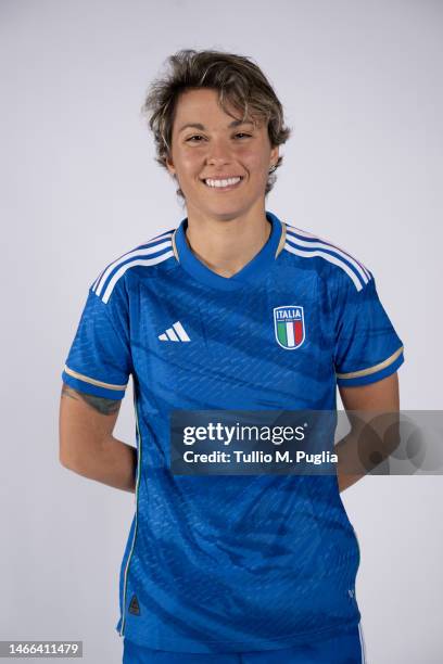 Valentina Giacinti poses during a Italy women portrait session at Centro Tecnico Federale di Coverciano on February 14, 2023 in Florence, Italy.