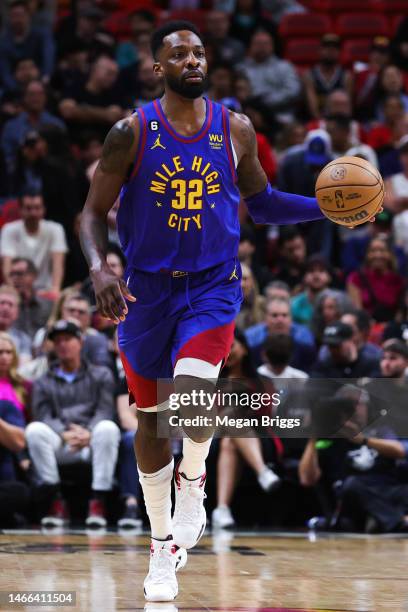 Jeff Green of the Denver Nuggets in action against the Miami Heat during the second quarter of the game at Miami-Dade Arena on February 13, 2023 in...