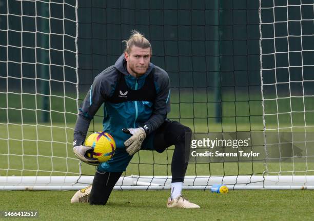 Goalkeeper Loris Karius catches the ball during the Newcastle United Training Session at Newcastle United Training Centre on February 15, 2023 in...