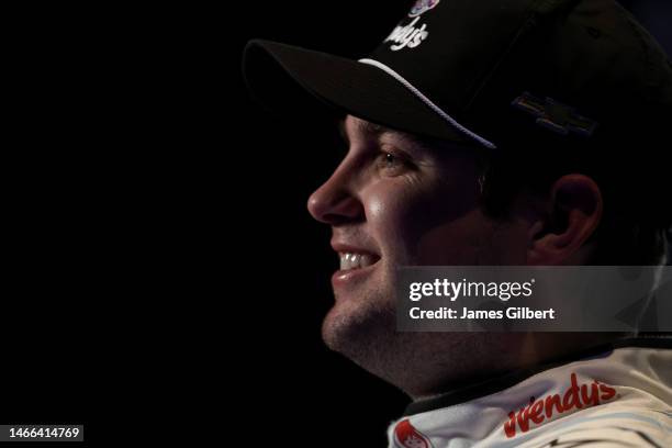 Noah Gragson, driver of the Wendy's Chevrolet, speaks to the media during the NASCAR Cup Series 65th Annual Daytona 500 Media Day at Daytona...