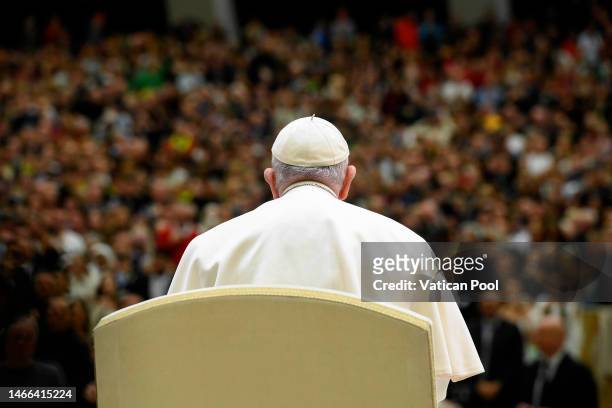 Pope Francis attends his weekly general audience at the Paul VI Hall on February 15, 2023 in Vatican City, Vatican. Following the catastrophe caused...