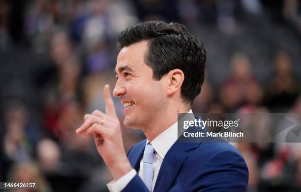 Bobby Webster General Manager of the Toronto Raptors smiles before his team plays the Orlando Magic in their basketball game at the Scotiabank Arena...