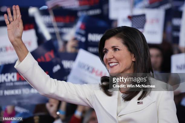 Former South Carolina Gov. And United Nations ambassador Nikki Haley waves to supporters at an event launching her candidacy for the U.S presidency...