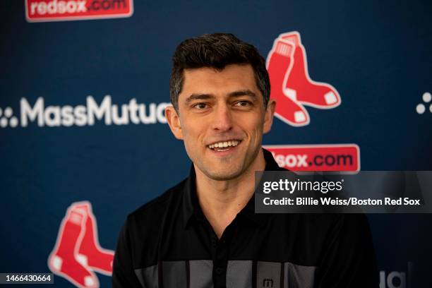 Chief Baseball officer Chaim Bloom of the Boston Red Sox speaks during a press conference during a Boston Red Sox spring training team workout on...