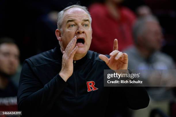 Head coach Steve Pikiell of the Rutgers Scarlet Knights reacts during a game against the Nebraska Cornhuskers at Jersey Mike's Arena on February 14,...