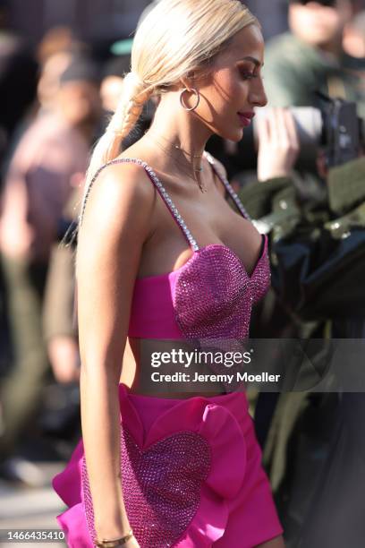 Roz seen wearing a pink sparkling dress by AREA with cutouts before the AREA show on February 11, 2023 in New York City.