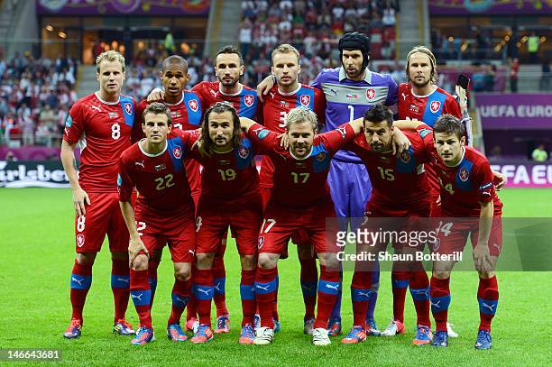 The Czech Republic team line up ahead of the UEFA EURO 2012 quarter final match between Czech Republic and Portugal at The National Stadium on June...