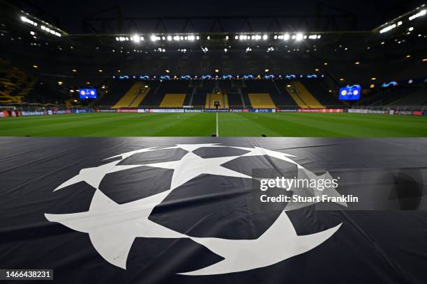 Detailed view of the UEFA Champions League logo on the rood of the tunnel on the inside of the stadium prior to the UEFA Champions League round of 16...