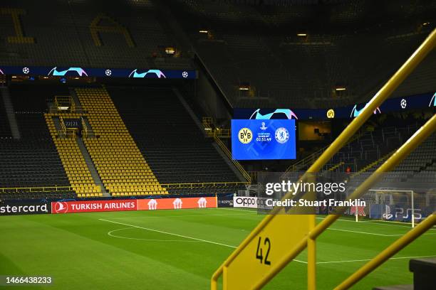 General view of the inside of the stadium, as the LED board shows the emblems of Borussia Dortmund and Chelsea and a countdown to kick off, prior to...