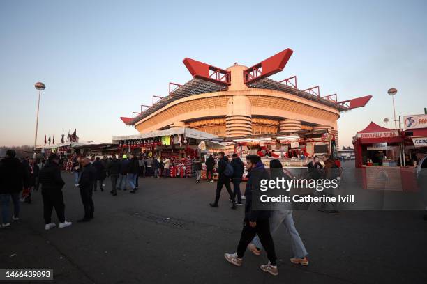 General view outside the stadium ahead of the UEFA Champions League round of 16 leg one match between AC Milan and Tottenham Hotspur at Giuseppe...