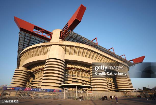 General view outside the stadium ahead of the UEFA Champions League round of 16 leg one match between AC Milan and Tottenham Hotspur at Giuseppe...