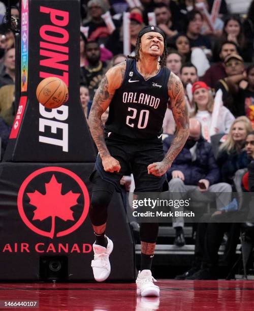 Markelle Fultz of the Orlando Magic celebrates against the Toronto Raptorsduring the second half of their basketball game at the Scotiabank Arena on...