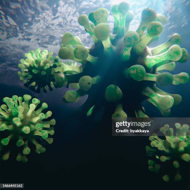 microorganismo en un primer plano del virus 3d submarino - virus hiv fotografías e imágenes de stock