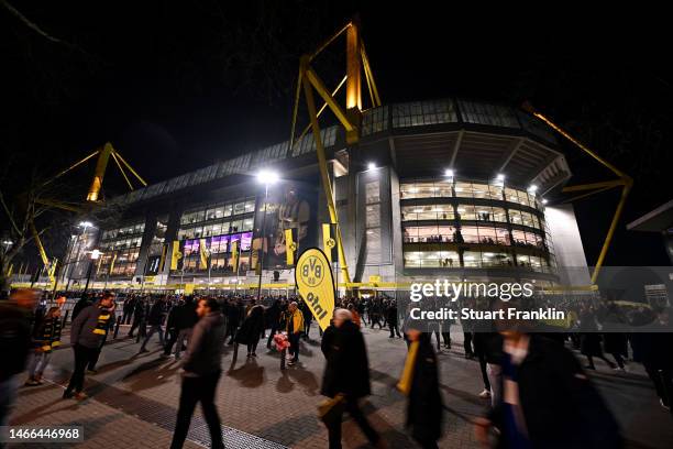 General view of the outside of the stadium as fans arrive prior to the UEFA Champions League round of 16 leg one match between Borussia Dortmund and...
