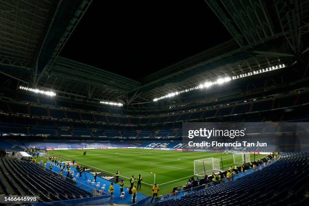 General view of the inside of the stadium prior to the LaLiga Santander match between Real Madrid CF and Elche CF at Estadio Santiago Bernabeu on...