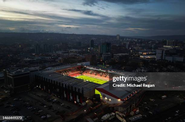 An aerial view of Bramall Lane stadium and the City of Sheffield prior to the Sky Bet Championship between Sheffield United and Middlesbrough at...