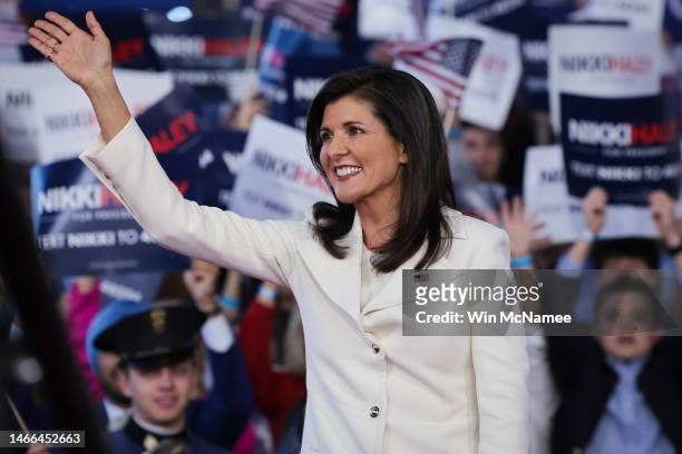 Republican presidential candidate Nikki Haley waves to supporters while arriving ather first campaign event on February 15, 2023 in Charleston, South...