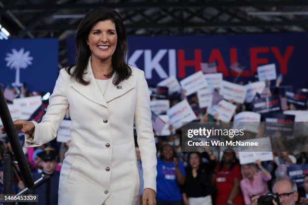 Republican presidential candidate Nikki Haley arrives on stage at her first campaign event on February 15, 2023 in Charleston, South Carolina. Former...