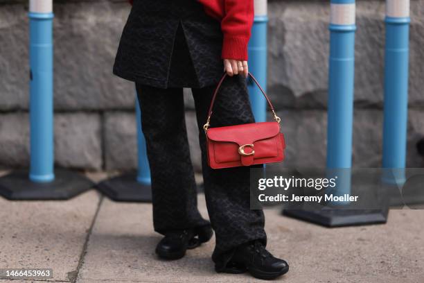 Malu Borges seen wearing a total Coach look with a printed red sweater, a dark skirt and dark pants, black shoes and a red bag by Coach before the...