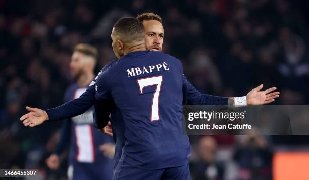 Kylian Mbappe of PSG celebrates his goal with Neymar Jr - a goal ultimately disallowed - during the UEFA Champions League round of 16 leg one match...