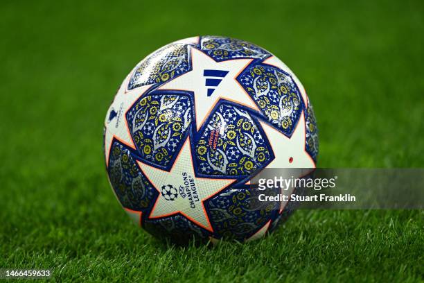 General view of a Adidas UEFA Champions League match ball prior to the UEFA Champions League round of 16 leg one match between Borussia Dortmund and...