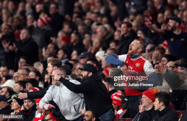 General view as fans of Arsenal react during the Premier League match between Arsenal FC and Manchester City at Emirates Stadium on February 15, 2023...