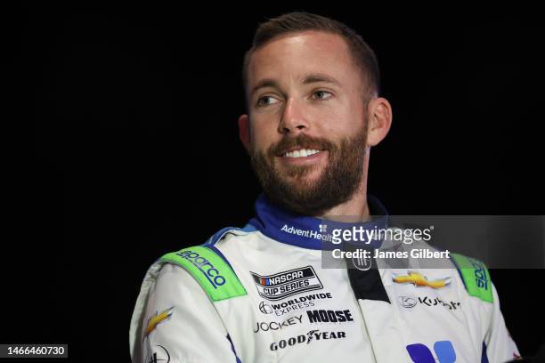 Ross Chastain, driver of the AdventHealth Chevrolet, speaks to the media during the NASCAR Cup Series 65th Annual Daytona 500 Media Day at Daytona...