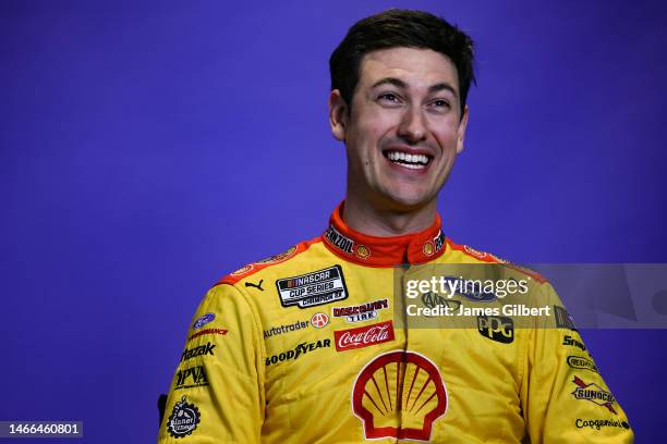 Joey Logano, driver of the Shell Pennzoil Ford, speaks to the media during the NASCAR Cup Series 65th Annual Daytona 500 Media Day at Daytona...