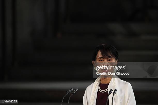 Myanmar opposition leader Aung San Suu Kyi addresses both Houses of Parliament inside Westminster Hall on June 21, 2012 in London, England. The...