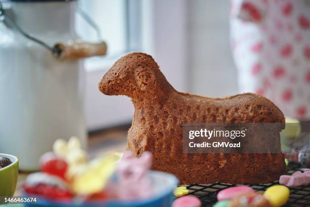 preparing easter bunny lamb cake in domestic kitchen - easter cake 個照片及圖片檔