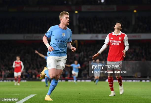 Kevin De Bruyne of Manchester City celebrates after scoring the team's first goal during the Premier League match between Arsenal FC and Manchester...