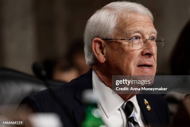 Ranking Member Roger Wicker speaks during a hearing with the Senate Armed Services Committee Hearing on Capitol Hill on February 15, 2023 in...