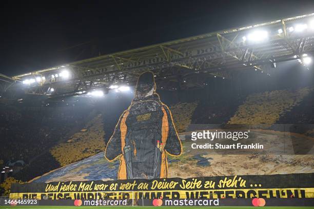 Borussia Dortmund fans show their support prior to the UEFA Champions League round of 16 leg one match between Borussia Dortmund and Chelsea FC at...