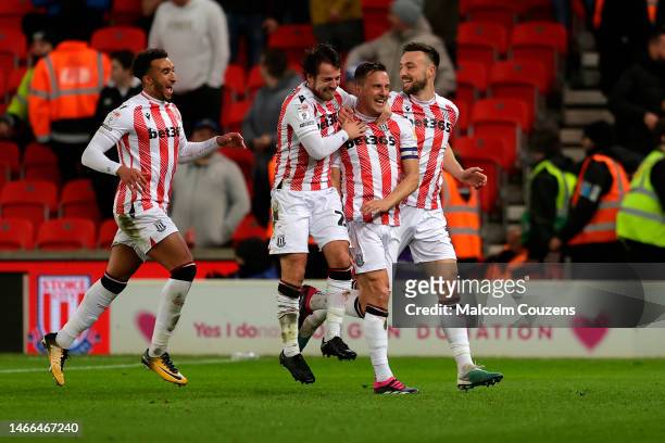Phil Jagielka of Stoke City celebrates scoring a goal during the Sky Bet Championship between Stoke City and Huddersfield Town at Bet365 Stadium on...