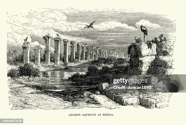 acueducto de los milagros, ancient roman aqueduct at merida, spain 19th century - merida spain stock illustrations