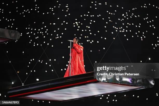 Rihanna performs onstage during the Apple Music Super Bowl LVII Halftime Show at State Farm Stadium on February 12, 2023 in Glendale, Arizona.