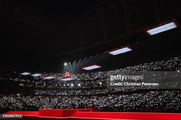 Rihanna performs onstage during the Apple Music Super Bowl LVII Halftime Show at State Farm Stadium on February 12, 2023 in Glendale, Arizona.