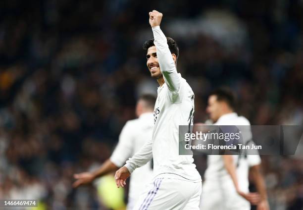 Marco Asensio of Real Madrid celebrates after scoring the team's first goal during the LaLiga Santander match between Real Madrid CF and Elche CF at...
