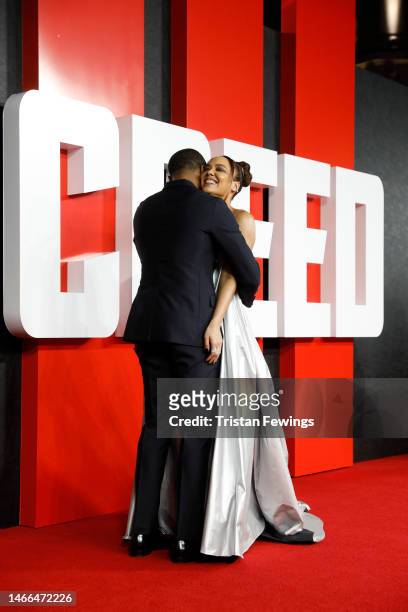 Michael B. Jordan and Tessa Thompson attend the European Premiere of Creed III at Cineworld Leicester Square on February 15, 2023 in London, England.