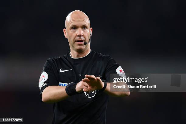 Referee Anthony Taylor looks on during the Premier League match between Arsenal FC and Manchester City at Emirates Stadium on February 15, 2023 in...