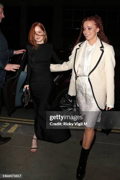Ellie Bamber and Erin Kellyman seen attending the dunhill & BSBP pre-BAFTA filmmakers dinner & party at Bourdon House on February 15, 2023 in London,...