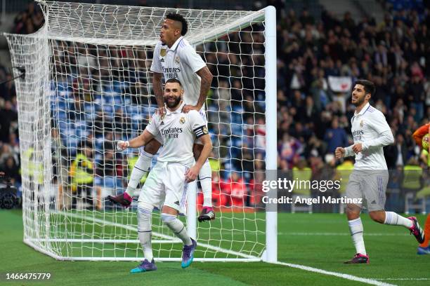 Karim Benzema of Real Madrid celebrates with teammates after scoring the team's second goal during the LaLiga Santander match between Real Madrid CF...