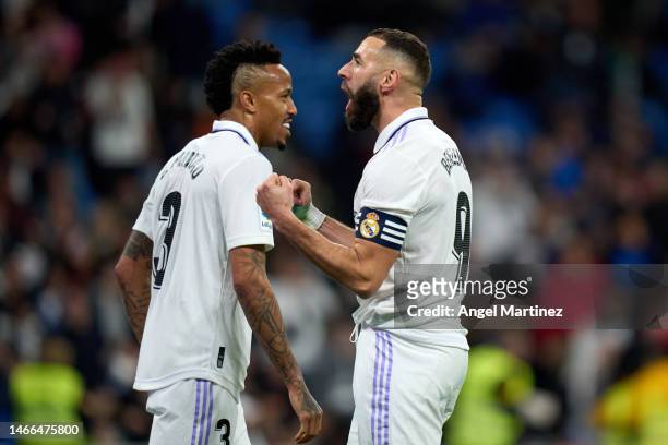 Karim Benzema of Real Madrid celebrates after scoring the team's second goal during the LaLiga Santander match between Real Madrid CF and Elche CF at...