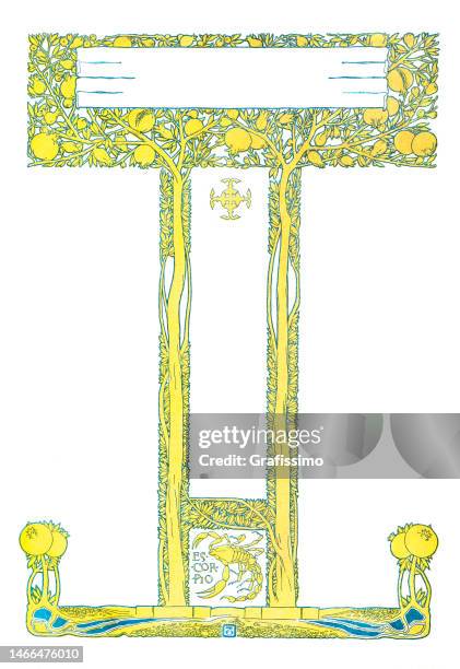 natural pattern frame with pomegranate tree art nouveau illustration 1899 - scorpion stock illustrations
