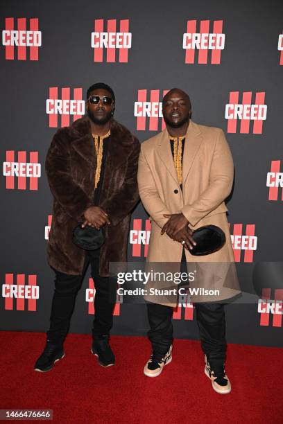 Guest and Adebayo Akinfenwa attend the European Premiere of Creed III at Cineworld Leicester Square on February 15, 2023 in London, England.